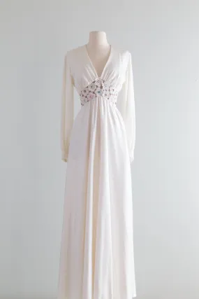 1970's White Maxi Dress With Floral Illusion Waist and Rhinestones / Medium