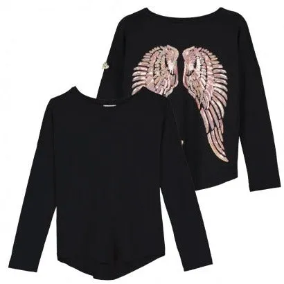 Angel's Face - Long Sleeve Slouch Wings Sequin Top Black