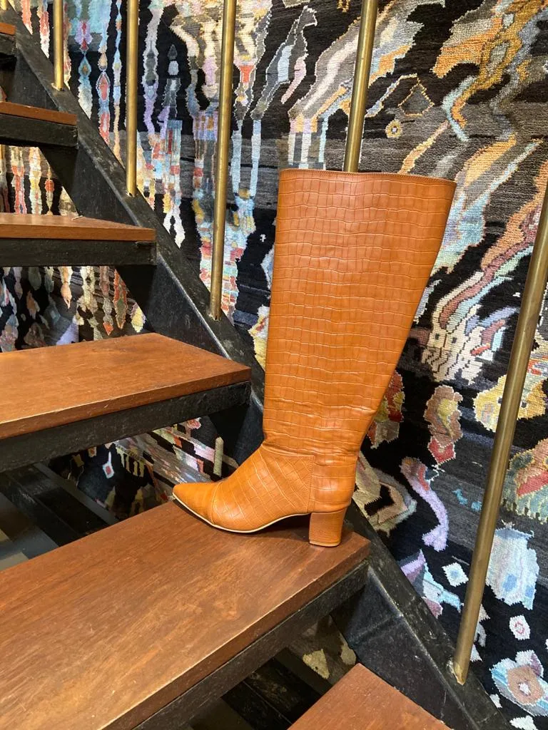 Cowboy Boots (High Knee Length Tan Blocks Boots)