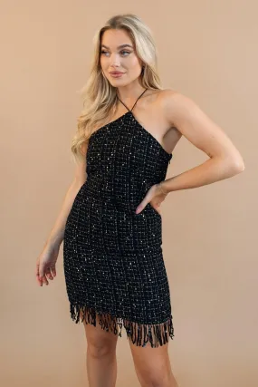 Fringe Fling Black Sequin Tweed Dress - Final Sale