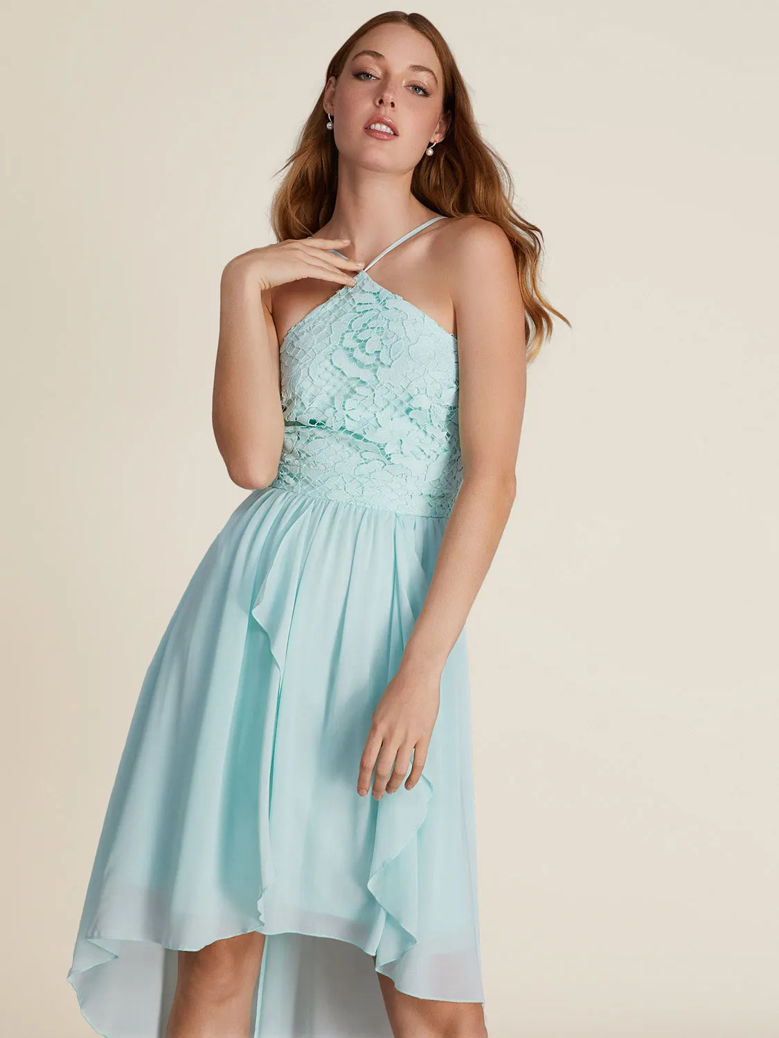 Lace Halter Top Knee Length Fit & Flare Dress