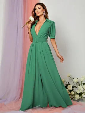 Plunging Neck Puff Sleeves Wide Leg Jumpsuit