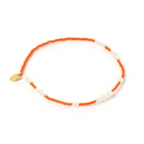 Poppy Pearl & Glass Beaded Anklet - Orange