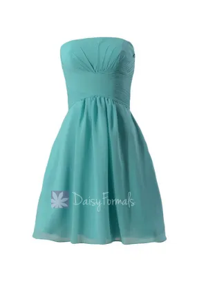 Short Strapless Chiffon Prom Dress Tiffany Blue Bridesmaid Dress(BM718)