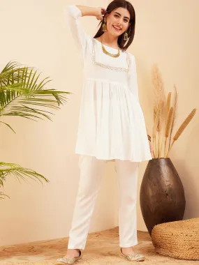 White Round Neck Square Gota Work Kurta Pant Set