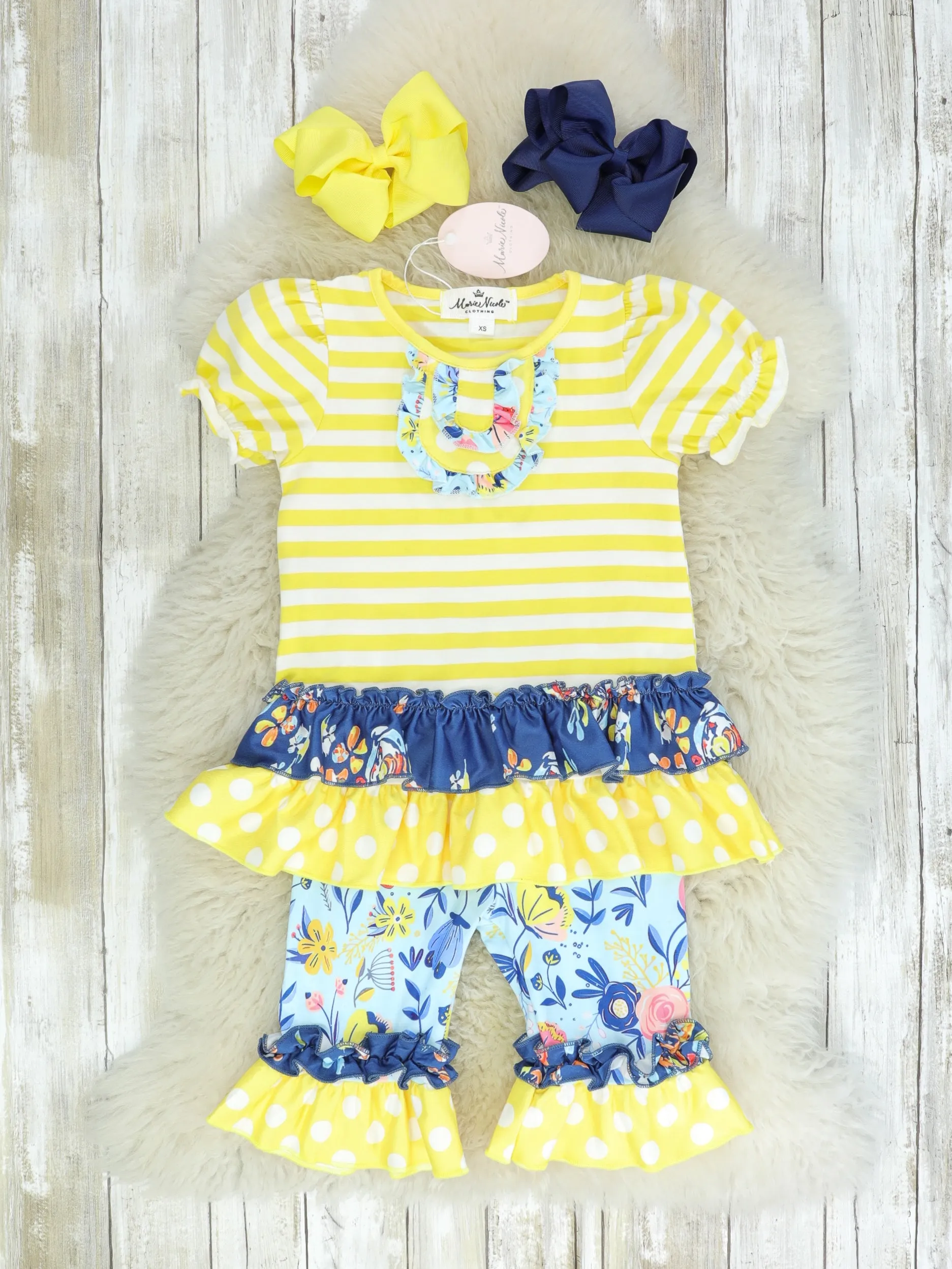 Yellow & Navy Mixed Florals Ruffle Outfit