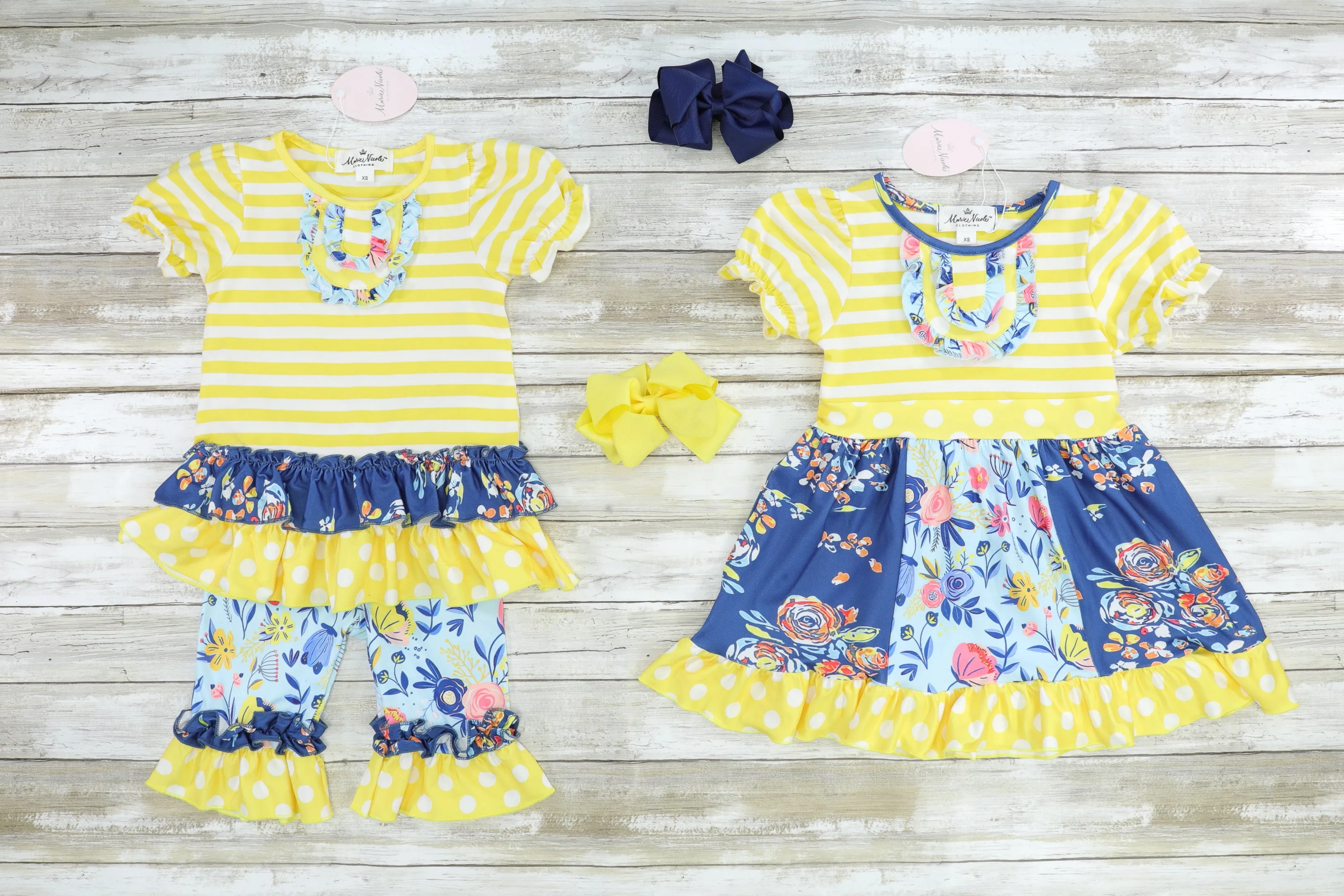 Yellow & Navy Mixed Florals Ruffle Outfit